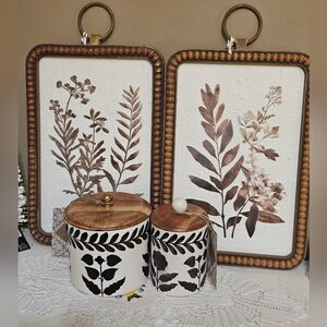 Made In India Brown Flower Canister Set And Matching Wall Art Pictures